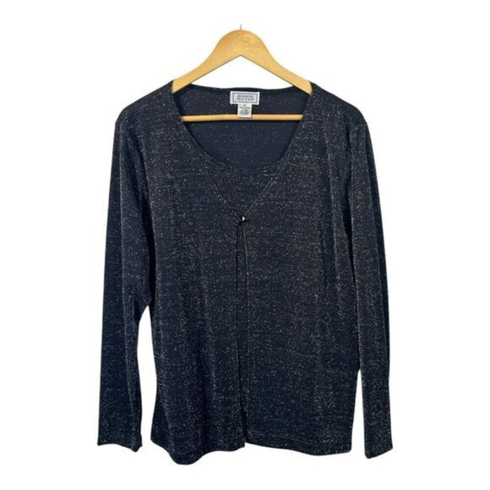 Jennifer Moore Metallic Knit Top Womens Large Black Silver Sparkle Mock‎ Layered